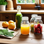 **Homemade natural drinks kit:** A beautifully arranged kit for making natural drinks, including fresh fruits, herbs, reusable glass bottles, and a recipe booklet. The scene is bright and inviting, with a focus on natural light. Include elements like a wooden table and a background suggesting a sunny kitchen.