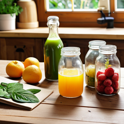 Home 15 **Homemade natural drinks kit:** A beautifully arranged kit for making natural drinks, including fresh fruits, herbs, reusable glass bottles, and a recipe booklet. The scene is bright and inviting, with a focus on natural light. Include elements like a wooden table and a background suggesting a sunny kitchen.
