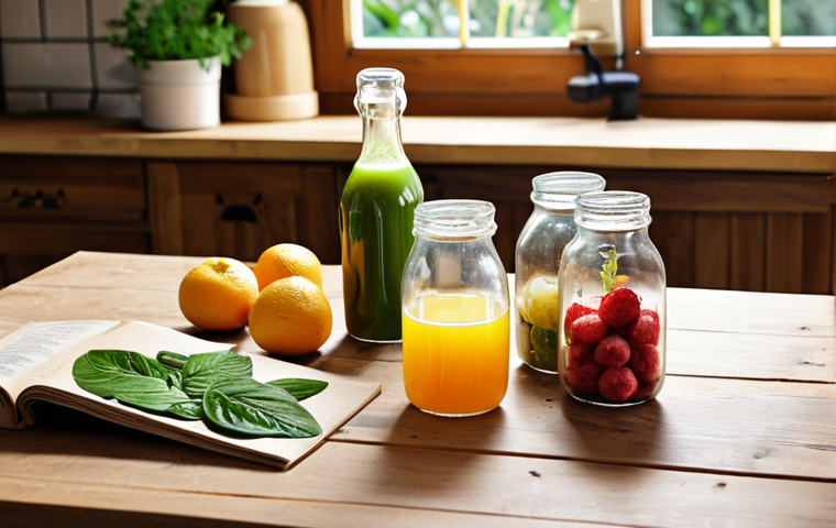 **Homemade natural drinks kit:** A beautifully arranged kit for making natural drinks, including fresh fruits, herbs, reusable glass bottles, and a recipe booklet. The scene is bright and inviting, with a focus on natural light. Include elements like a wooden table and a background suggesting a sunny kitchen.