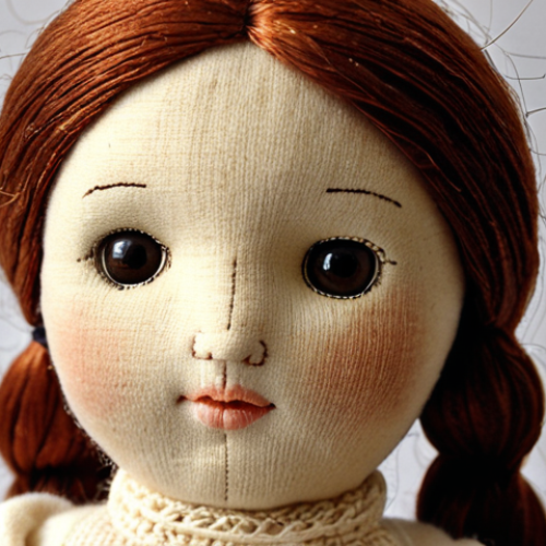 Home 14 **Prompt 1 (Focus on the Doll and Craftsmanship):**
A close-up, high-detail shot of a handmade natural doll. The doll is crafted from organic cotton and features soft, undyed natural wool for hair. Its facial features are simple and gently embroidered, conveying warmth and authenticity. Emphasize the tactile quality of the natural fibers, the meticulous stitching, and the unique, heirloom quality of the artisan work. Soft, diffused lighting highlights the textures and delicate craftsmanship.